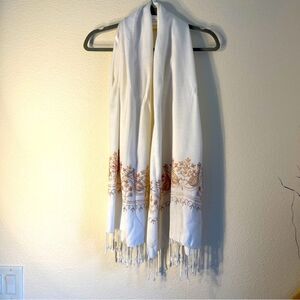 Cream Rust Tan Embroidered Pashmina Wool Silk Wrap Scarf Or Blanket Shawl